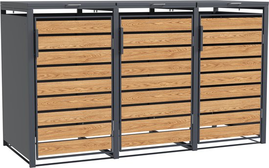Grijze containerombouw met drie deuren in houtlook.