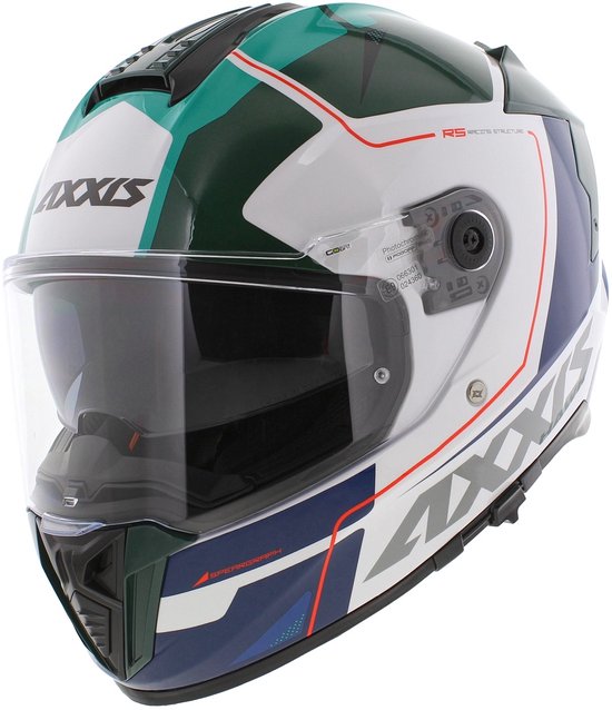 Integraal helm met witte basis, grafische patronen in donkergroen, wit en blauw, oranje accenten.