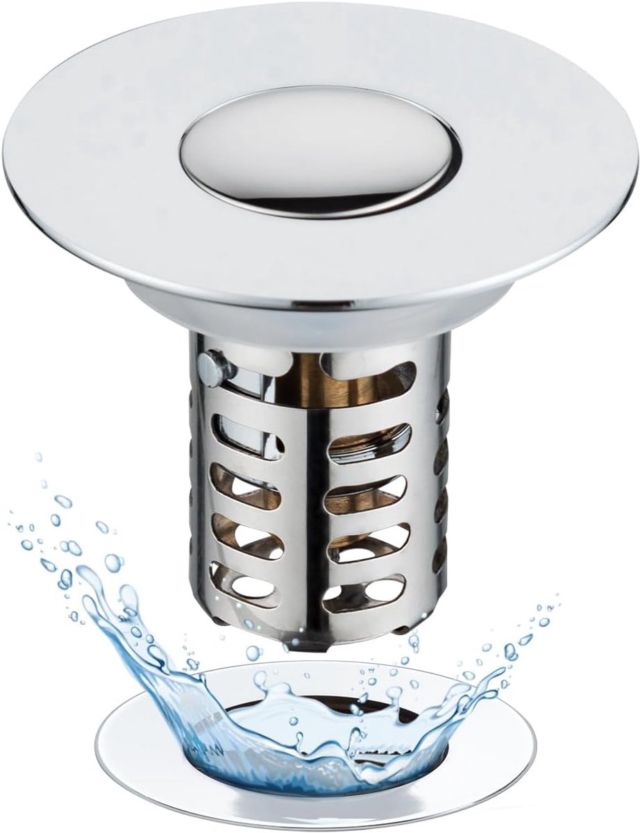 3-in-1 Drain Stop met Strainer - Verwijderbare RVS Filtermand voor Washbasin - Stopper en Sink Stop voor 28-58 mm Basin met Messing Ball Core en Chroom