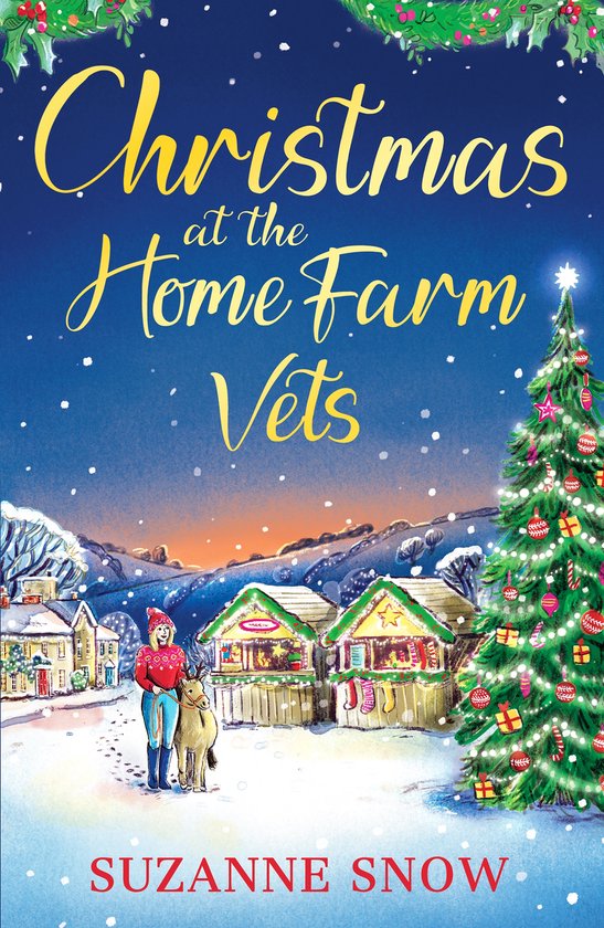 Kerstkaart met 'Christmas at the Home Farm Vets' in gele letters, een kerstboom en een besneeuwd dorp.