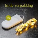 Een close-up van een wit met goudkleurig lichtsnoer met batterijhouder, met de tekst "6x" in een groene cirkel.