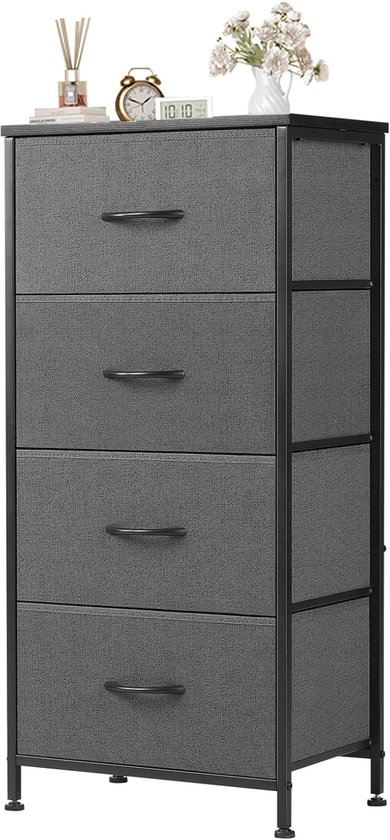 Dressoir / Opbergkast met 4 Stoffen Lades – Metalen Frame & MDF Blad – Industrieel Design – Grijs – Voor Slaapkamer, Woonkamer, Hal of Kinderkamer HMTM-SC-4D-GR