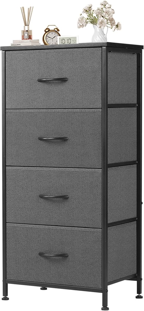 Dressoir / Opbergkast met 4 Stoffen Lades – Metalen Frame & MDF Blad – Industrieel Design – Grijs – Voor Slaapkamer, Woonkamer, Hal of Kinderkamer HMTM-SC-4D-GR
