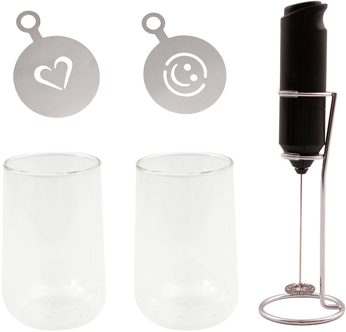 Point-Virgule latte set 2 dubbelwandige glazen 350ml met melkopschuimer en stencil