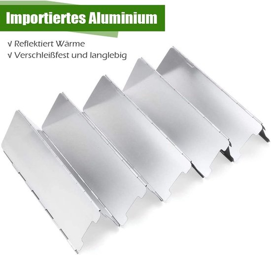 Opvouwbaar aluminium windscherm voor kamperen, met 10 zilverkleurige panelen.
