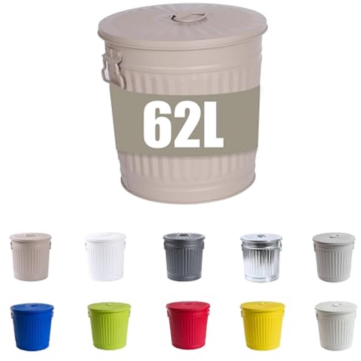 Gegalvaniseerde Metalen Vuilnisbak met Handvaten en Deksel - Beige - Ø 42 cm - 62 liter
