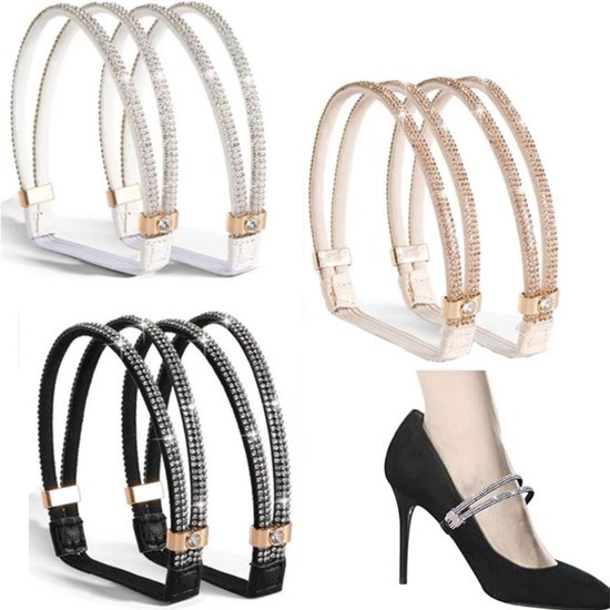 3 paires - Sangles élastiques de cheville pour talons hauts - Sangles de rechange pour talons hauts - Antidérapantes - Résistantes aux chutes - Amovibles - Zwart, blanc, champagne - Taille unique - Convient aux talons hauts et aux sandales