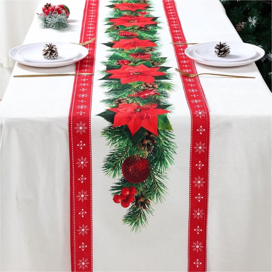 Goodivery ® - Chemin de table de Noël en lin - Chemin de table de Noël motif carthame - Nappe en lin rouge avec Fleurs rouges et Horloges de sapin de Noël - Décoration de table de Noël pour centre de table