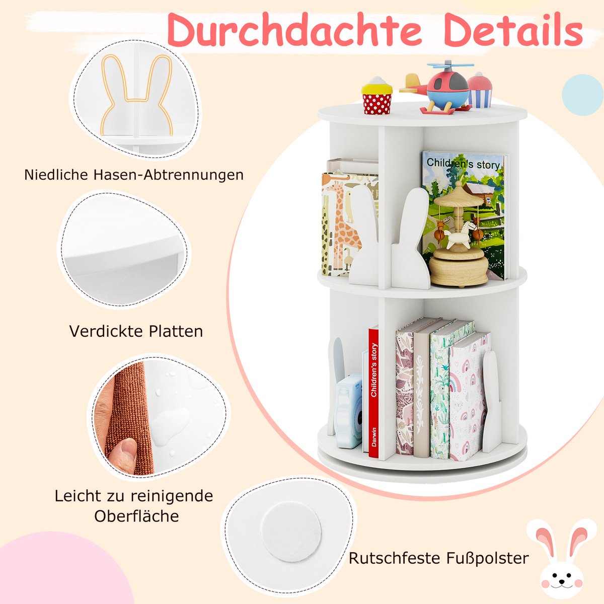 COSTWAY drehrbares Bücherregal Kinder, Kinderregal mit 2 Ebenen & Hasen-Trennwänden, 360 Grad, Kinderbücherregal freistehend, Spielzeugregal für Kinderzimmer, Spielzimmer, 40 x 40 x 65cm (Kaffee