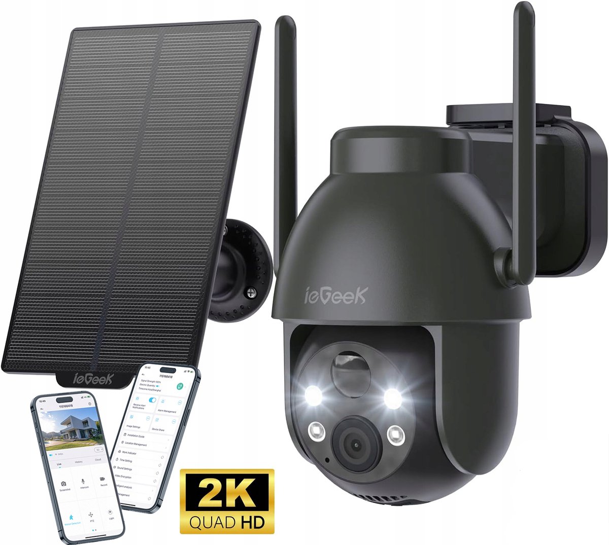 Draadloze bewaking voor buiten -2K draadloos zonnepaneel buiten camera, 360° PTZ, PIR-alarm onmiddellijk, kleurrijk nachtzicht, bidirectioneel geluid