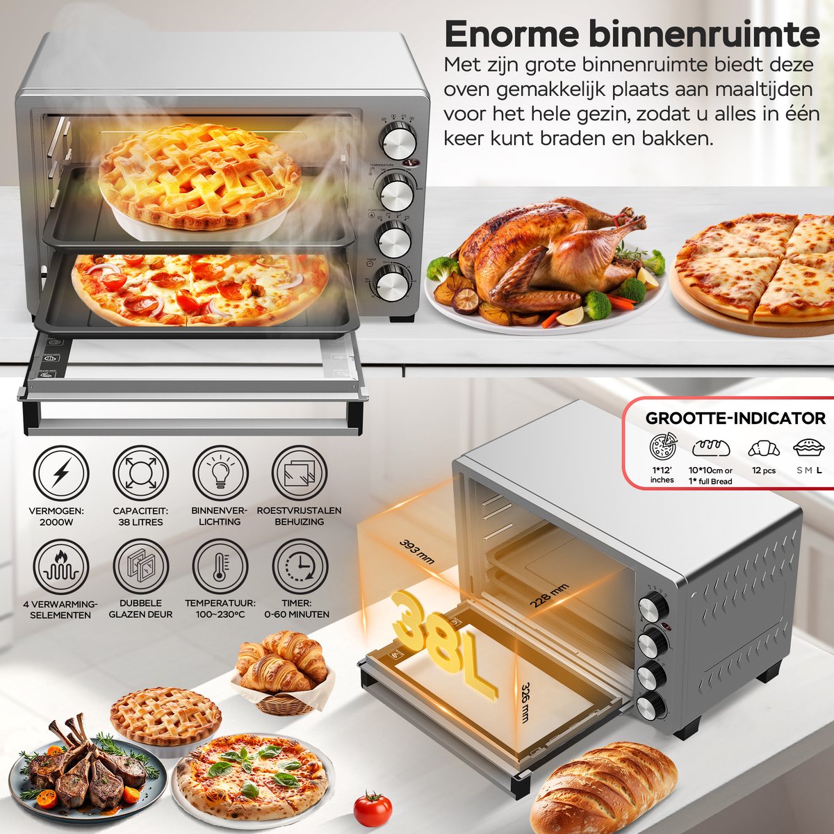 TurboTronic EVS38 - Vrijstaande oven 38L - Mini oven - Elektrische Oven - Zilver – foto 7