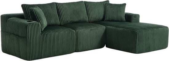 Ensemble de canapés modulables avec chaise longue et canapé 2 places, cuir de vachette souple, avec 5 coussins, poches latérales et porte-gobelets, mousse haute densité, combinaison DIY, idéal pour salon, appartement et studio - Smaragd