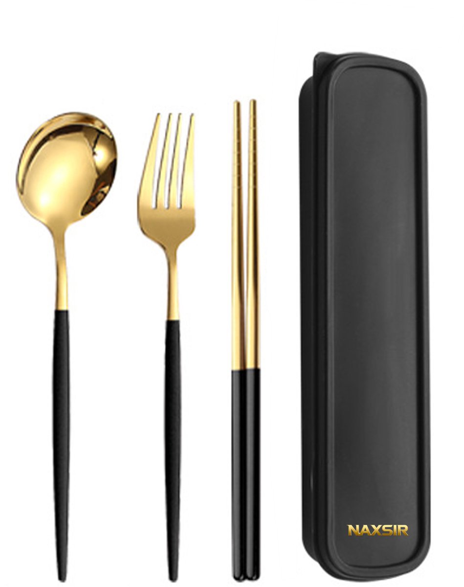 NAXSIR RVS Bestekset 3-delig - Besteek Set met Vork, Lepel & Eetstokjes - Ideaal voor Onderweg, Kantoor en Studenten