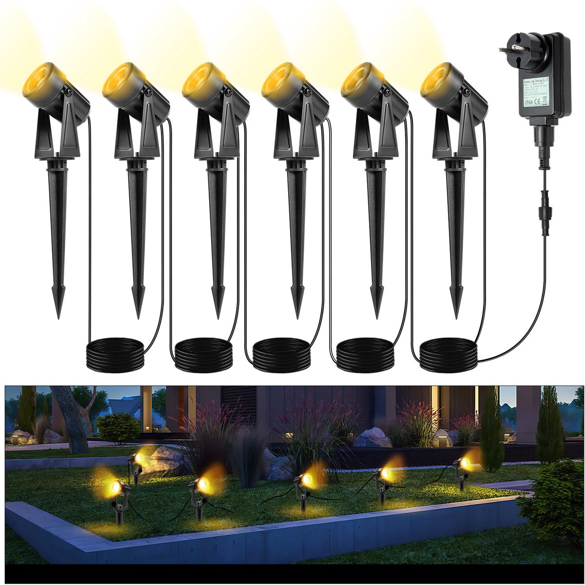 LED Tuinspot met Grondspies 6 in 1 Warm Wit - Set van 6 Stuks - Tuinverlichting met Stekker - Buitenverlichting Prikspots - Waterdicht IP65
