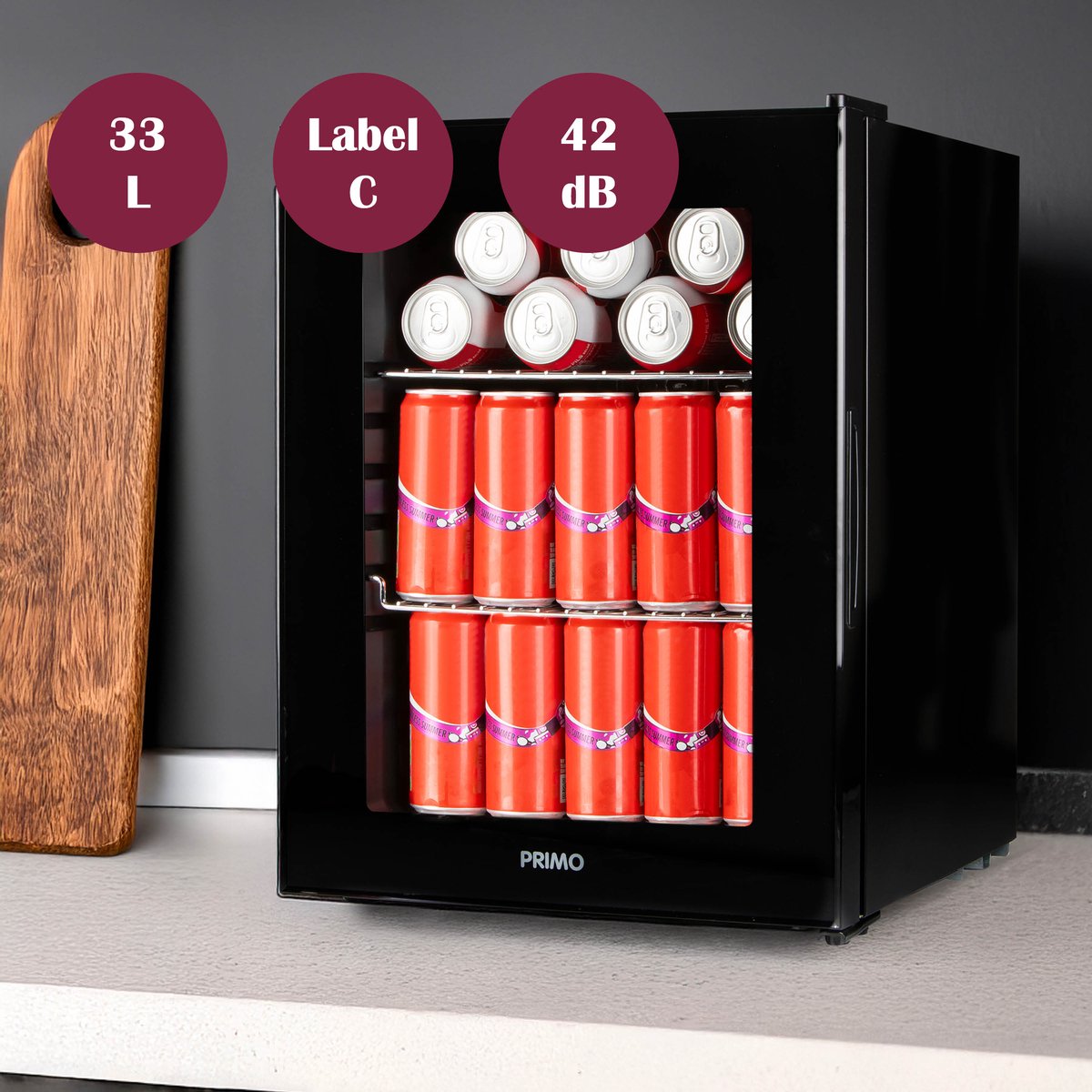PRIMO PR193BC Drankkoelkast - Minibar - Mini Koelkast - Glazen deur - 33L - C - Zwart — afbeelding 5
