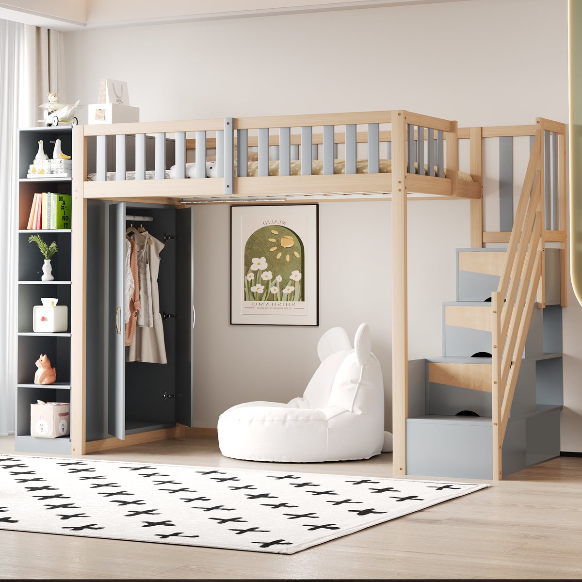Merax Hoogslaper 90x200 cm - met boekenplank - opbergkast en garderobekast - met opbergruimte - grijs en houtkleur - zonder matras