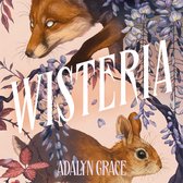 Een vos en een konijn tussen paarse bloesems en roze bladeren, met de tekst "WISTERIA ADALYN GRACE".