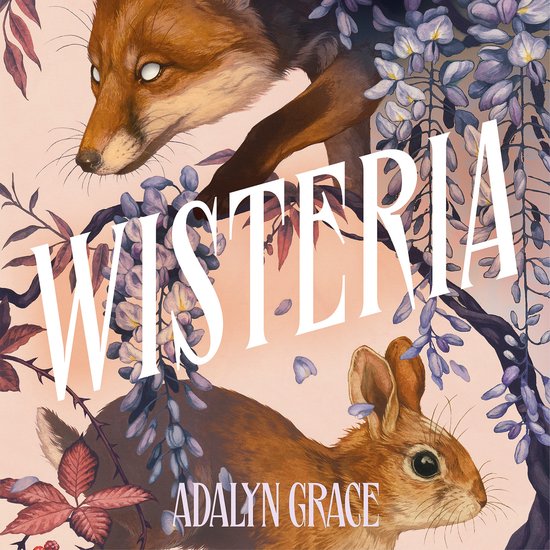 Een vos en een konijn tussen paarse bloesems en roze bladeren, met de tekst "WISTERIA ADALYN GRACE".