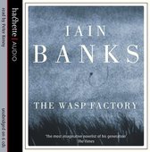 Boekomslag voor "The Wasp Factory" van Iain Banks, met de tekst "hachette AUDIO" en "unabridged on 6 cds".