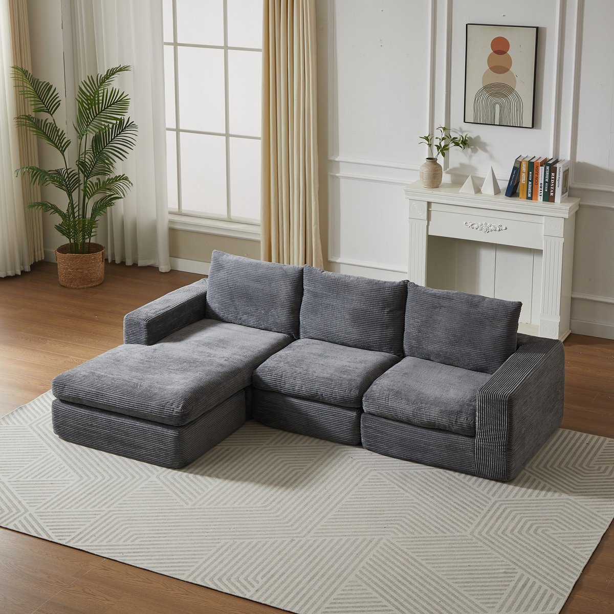PHOEBE CAT Hoekbank - L-vormige bank - Corduroy stof - 3 kussens - Donkergrijs