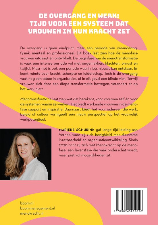 Een boek met de titel 'De overgang en werk: tijd voor een systeem dat vrouwen in hun kracht zet' met een foto van Marieke Schurink.