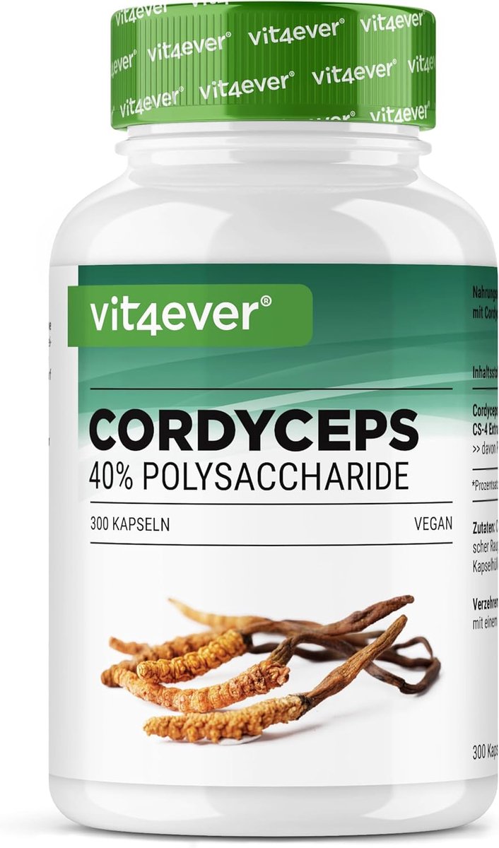 Cordyceps paddenstoel - 300 capsules met 650 mg echt CS-4 extract - 40% bioactieve polysachariden - hoge dosering - rupsschimmel - veganistisch