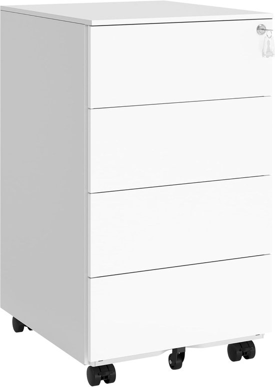 Detail van een wit rolcontainer met 4 laden, slot en zwarte wieltjes.