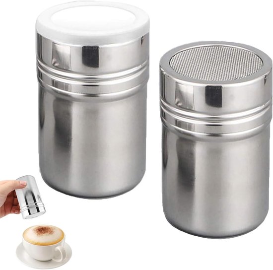 Shaker - 2 Pièces - 5x7cm - Saupoudreuse à cacao avec tamis fin - Saupoudreuse à cacao - Shaker - Boîte de cacao - Saupoudreuse à sucre glace - Saupoudreuses à sucre glace avec couvercle - Salière - Saupoudreuse subtile - Acier inoxydable