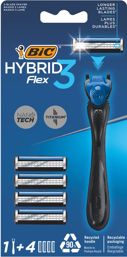 Verpakking van BIC Hybrid 3 Flex scheerapparaat met 1 houder en 4 navullingen. Blauw met zwarte accenten.