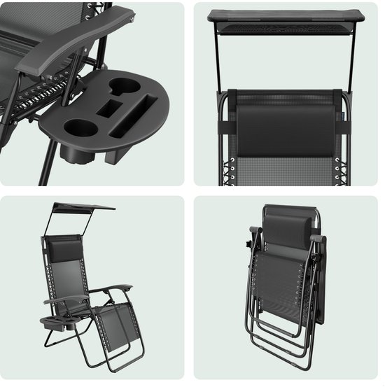 LifeGoods Opvouwbare Tuinstoelen - Verstelbaar Zonnescherm - Ligstoel Tuin - 2 Stuks - 30°-90° Verstelbaar - Metaal - Zwart