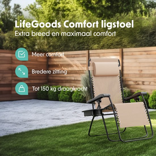 LifeGoods Opvouwbare Tuinstoel - Ligstoel Tuin - 30°-90° Verstelbaar - Metaal - Beige van LifeGoods — afbeelding 2