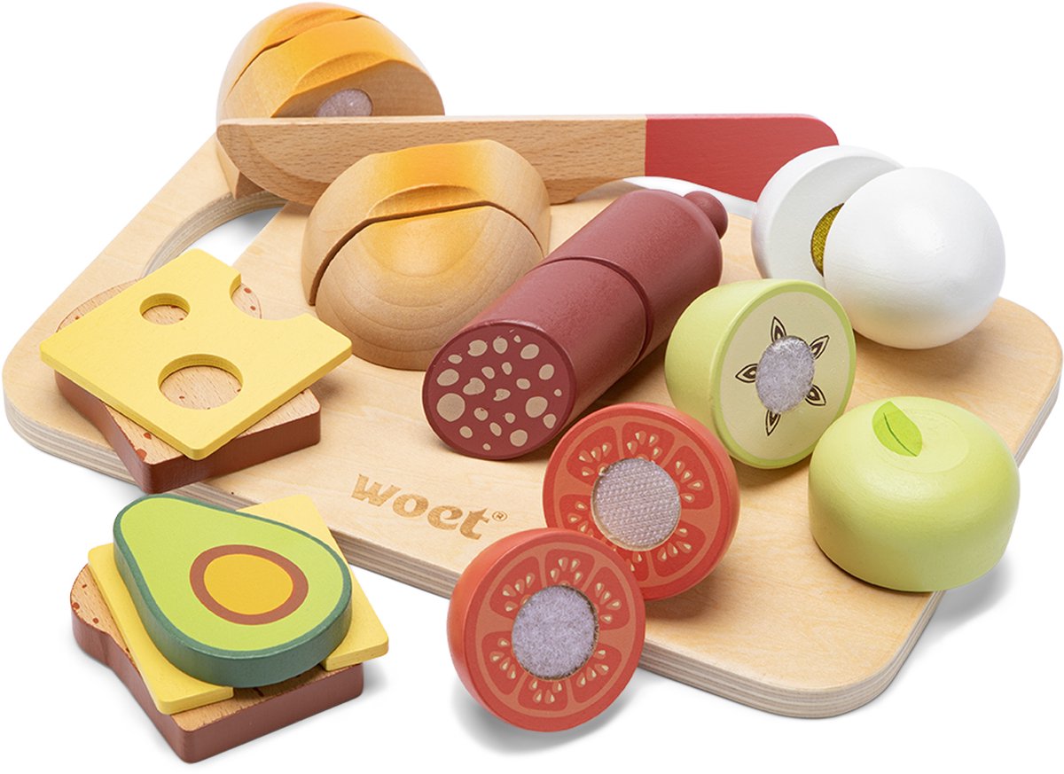 Woet® Houten Snijset Ontbijt - Speelset met Snijplank met Brood, Avocado, Kaas, Ei en Fruit - Educatief Speelgoedeten - Rollenspel Keukenspeelgoed - Vanaf 2 Jaar