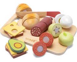 Woet® Houten Snijset Ontbijt - Speelset met Snijplank met Brood, Avocado, Kaas, Ei en Fruit - Educatief Speelgoedeten - Rollenspel Keukenspeelgoed - Vanaf 2 Jaar