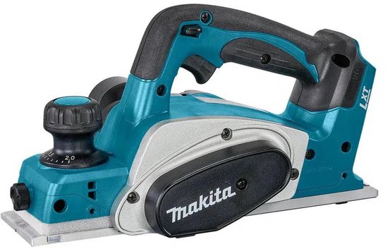 Turquoise en zilvergrijze Makita schaafmachine met zwarte handgrepen en details.