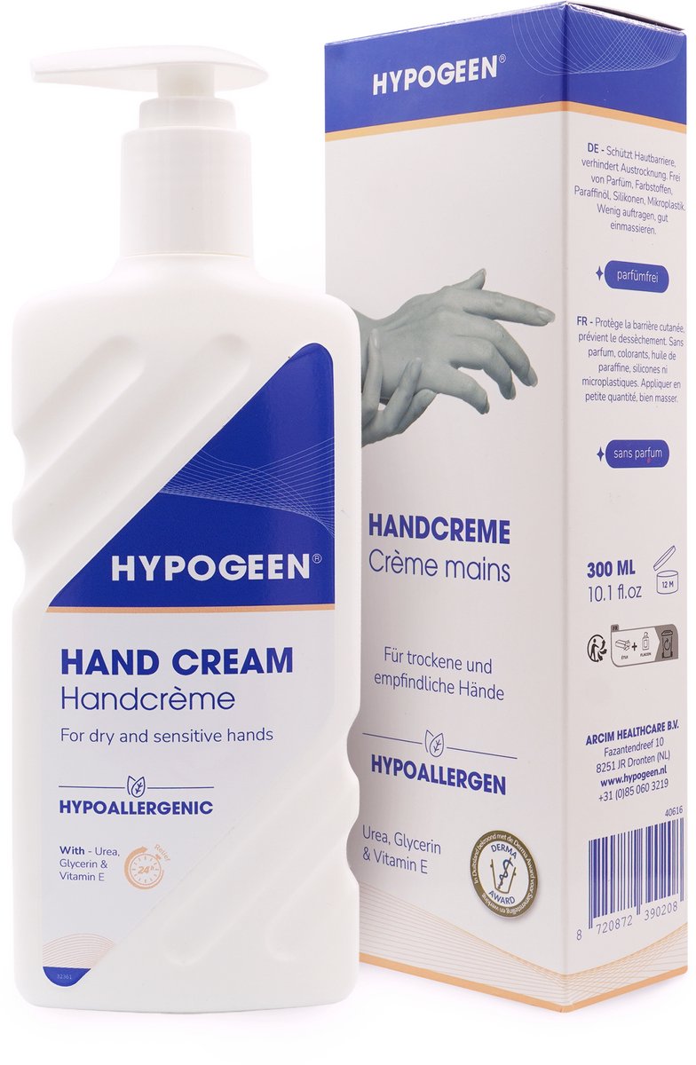 Hypogeen Handcrème - Voor droge handen en gevoelige huid - Snel absorberend, hydraterend en voedend - Beschermt tegen uitdroging, psoriasis en eczeem - Vrij van parfum en kleurstoffen - Met squalaan & melkzuur - Hypoallergeen, pH-neutraal - 300 ml