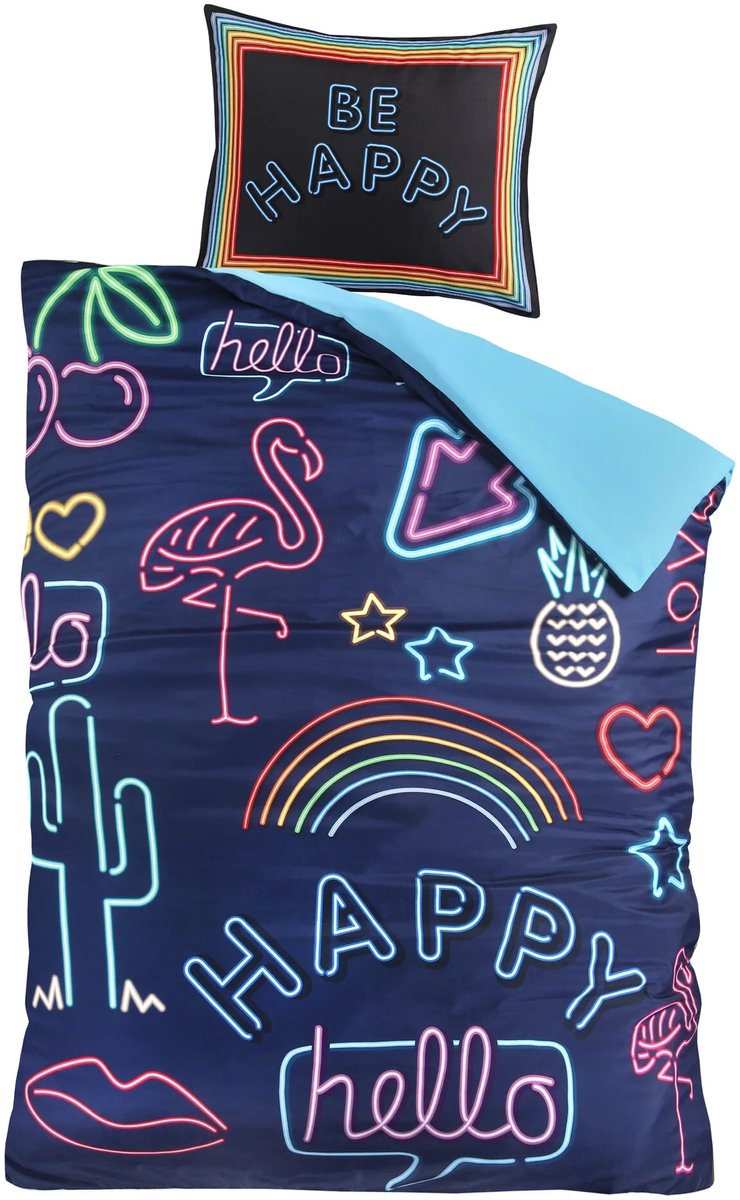 Decoware Dekbedovertrek Neon Be Happy 140x200 cm - Microvezel - Met Kussensloop - Eenpersoons
