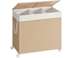 Waskorf, vuilewasmand met 3 vakken, waszak, handvat, deksel en wielen, 150 liter grote opslagcapaciteit, geschikt voor wasruimte, badkamer en slaapkamer, 66.5 x 37.5 x 65 cm, naturel.