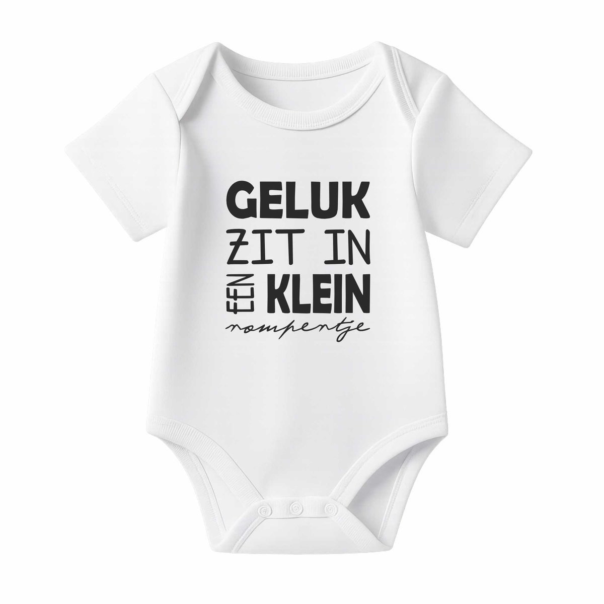 Romper met Tekst Baby – Geluk zit in een klein rompertje – Wit – Korte mouw – Maat 74/80