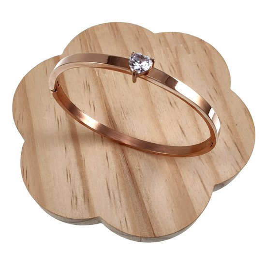 Bracelet jonc rigide en acier inoxydable couleur or rose avec zircones en forme de cœur, 16 à 18 cm