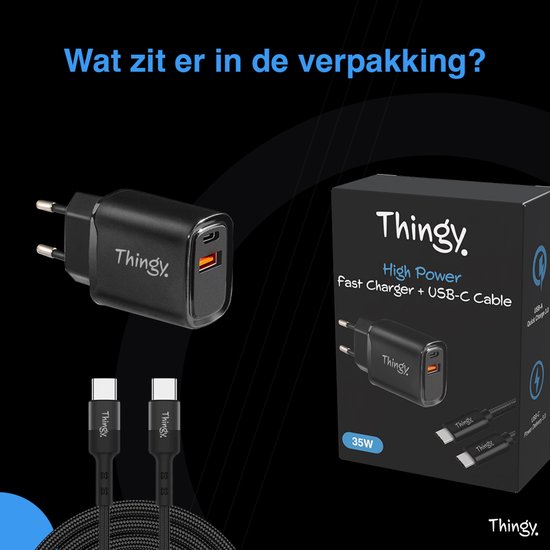 Chargeur rapide Thingy® 35 W - Chargeur rapide USB-A et USB-C - Câble USB-C Premium de 2 m inclus - Chargeur iPhone - Adaptateur USB C - Chargeur Samsung - Chargeur pour iPhone et Samsung