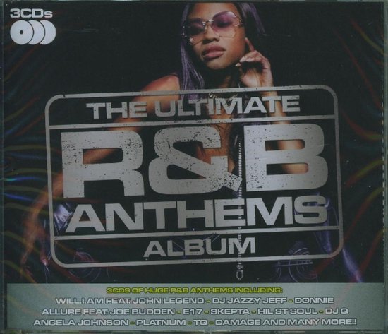 Hoes van 'The Ultimate R&B Anthems Album', met een vrouw met zonnebril, paars haar, en de tekst '3CDS THE ULTIMATE R&B ANTHEMS ALBUM'.