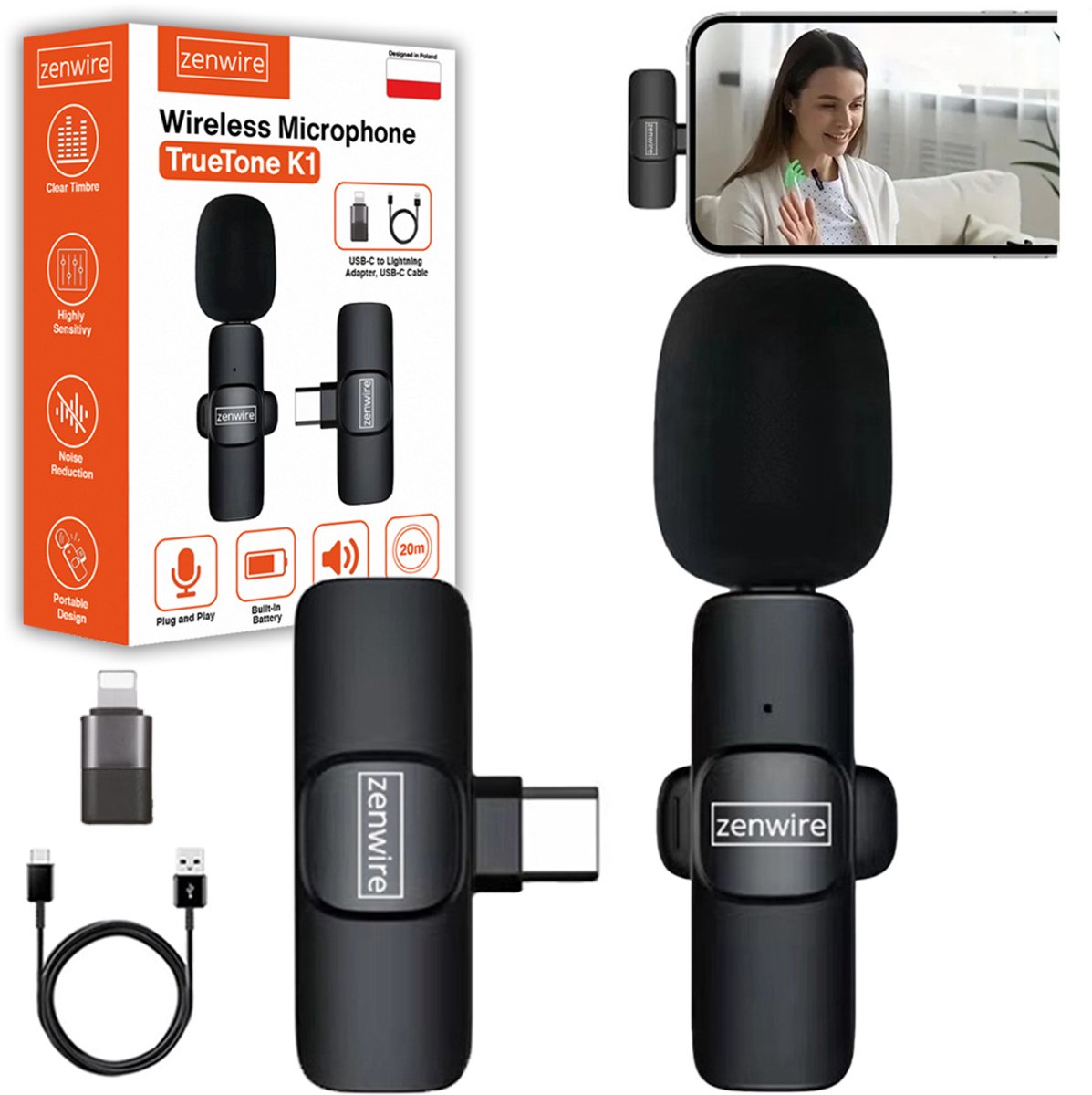 Zenwire - TrueTone K1 - Draadloze Microfoon - lavaliermicrofoon - Condensator - Bluetooth - USB-C-adapter - Lightning - USB-C-ontvanger - USB-C-kabel