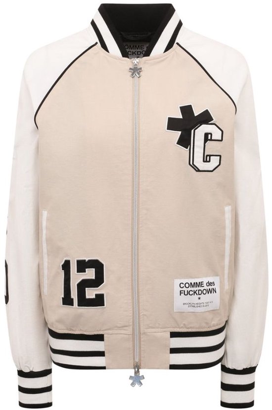 Two-Tone Cotton Blend Bomber Jacket with Embroidered Logo and Applique