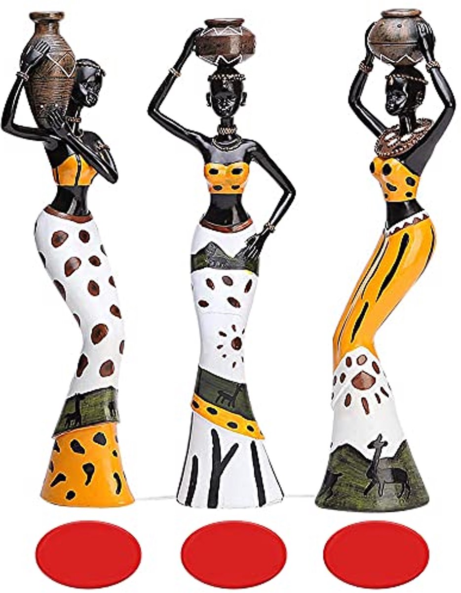 Set van 3 Afrikaanse Sculpturen - 7,5 inch Vrouwenfiguren Tribal Beeldjes voor Thuisdecoratie