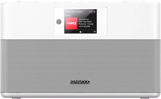 Witte Kenwood smart radio met display waarop SWR3 "Euer Pop-Radio" wordt weergegeven.