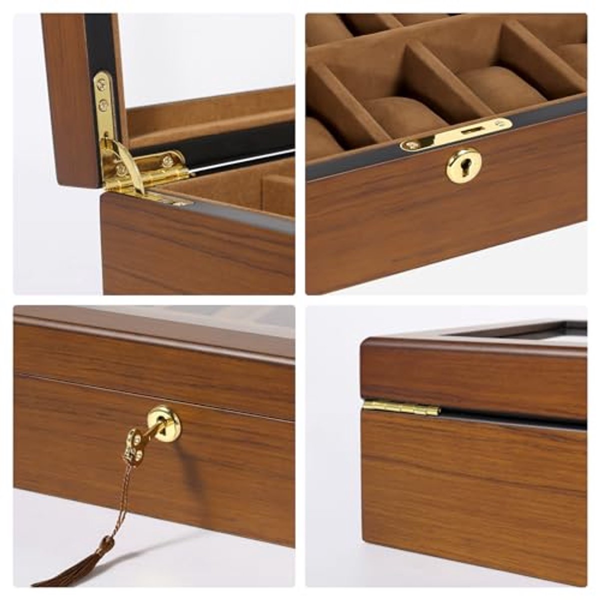 Horlogebox met 12 Vakken en Glazen Deksel, Luxe Houten Horloge Display met Sleutel
