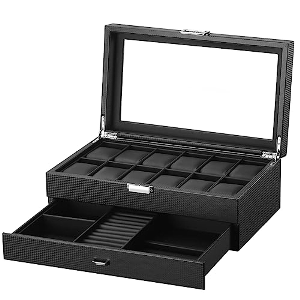 2-Tier Horlogedoos met Glasplaat - Juwelenopslag met 12 Compartimenten en 1 Lade voor Horloges, Ringen, en Armbanden
