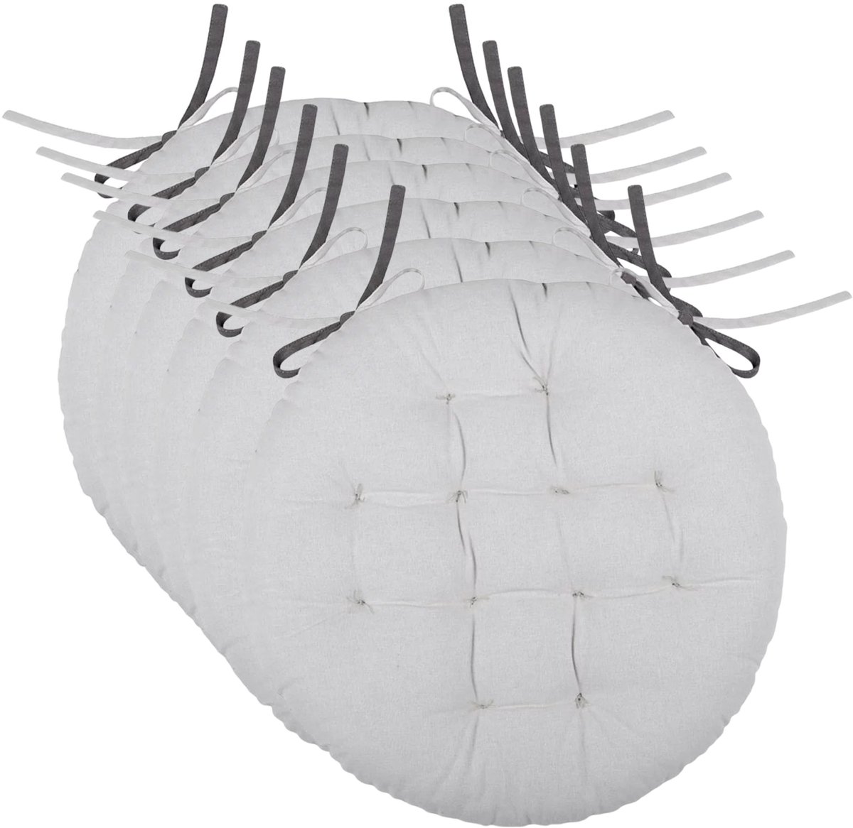 Stof Textile stoelkussen rond - 6x - licht/donkergrijs - 2 zijden - 38 cm - touwtjes sluiting