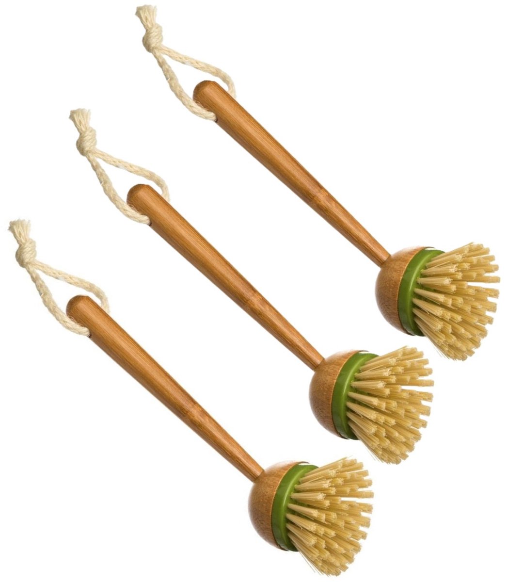 5Five Afwasborstel met ronde kop - 3x - 22 cm - van bamboe hout - Afwassen - Schoonmaken