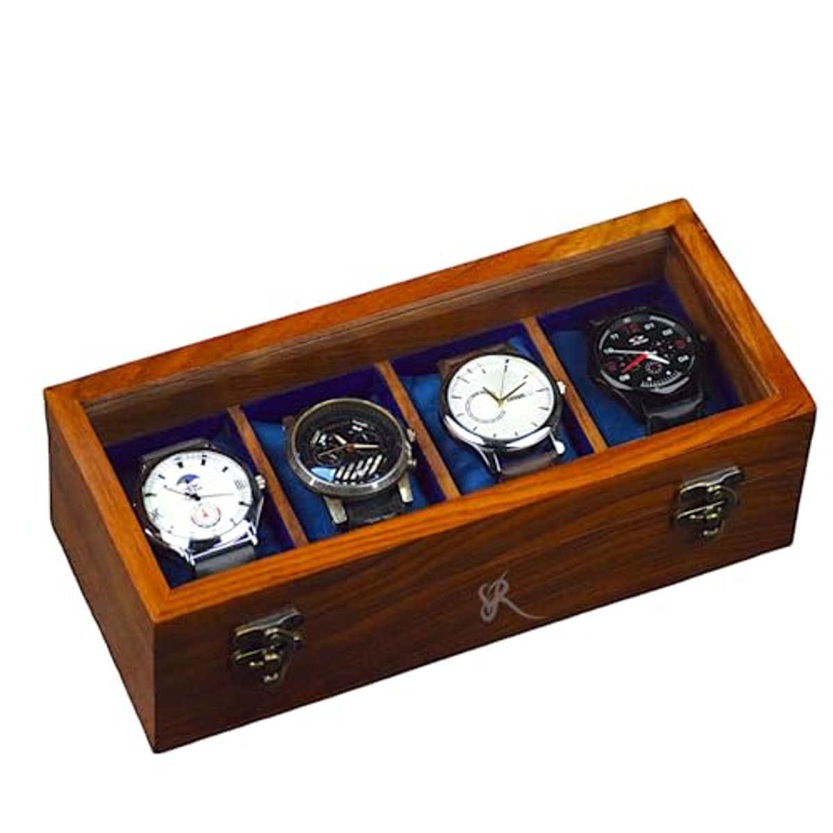Elegante Houten Horlogedoos voor Mannen met Glasdeksel en 4 Kussens - Perfect Cadeau